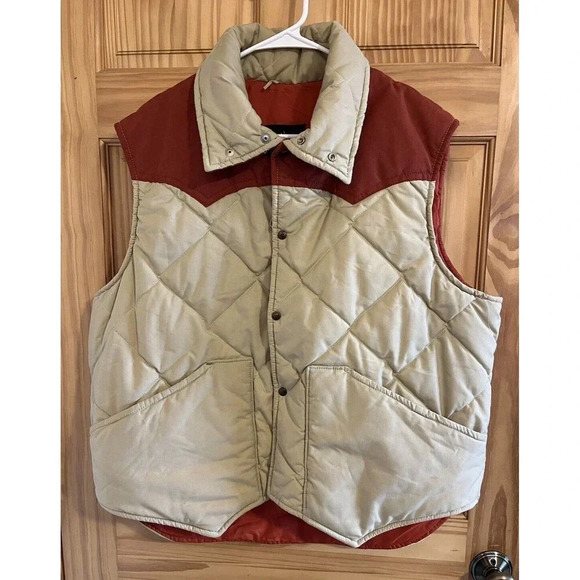 VINTAGE Western Puffer Jacket Vest Mens Xtra Large Tan Orange Golden Fleece USA - Picture 1 of 6